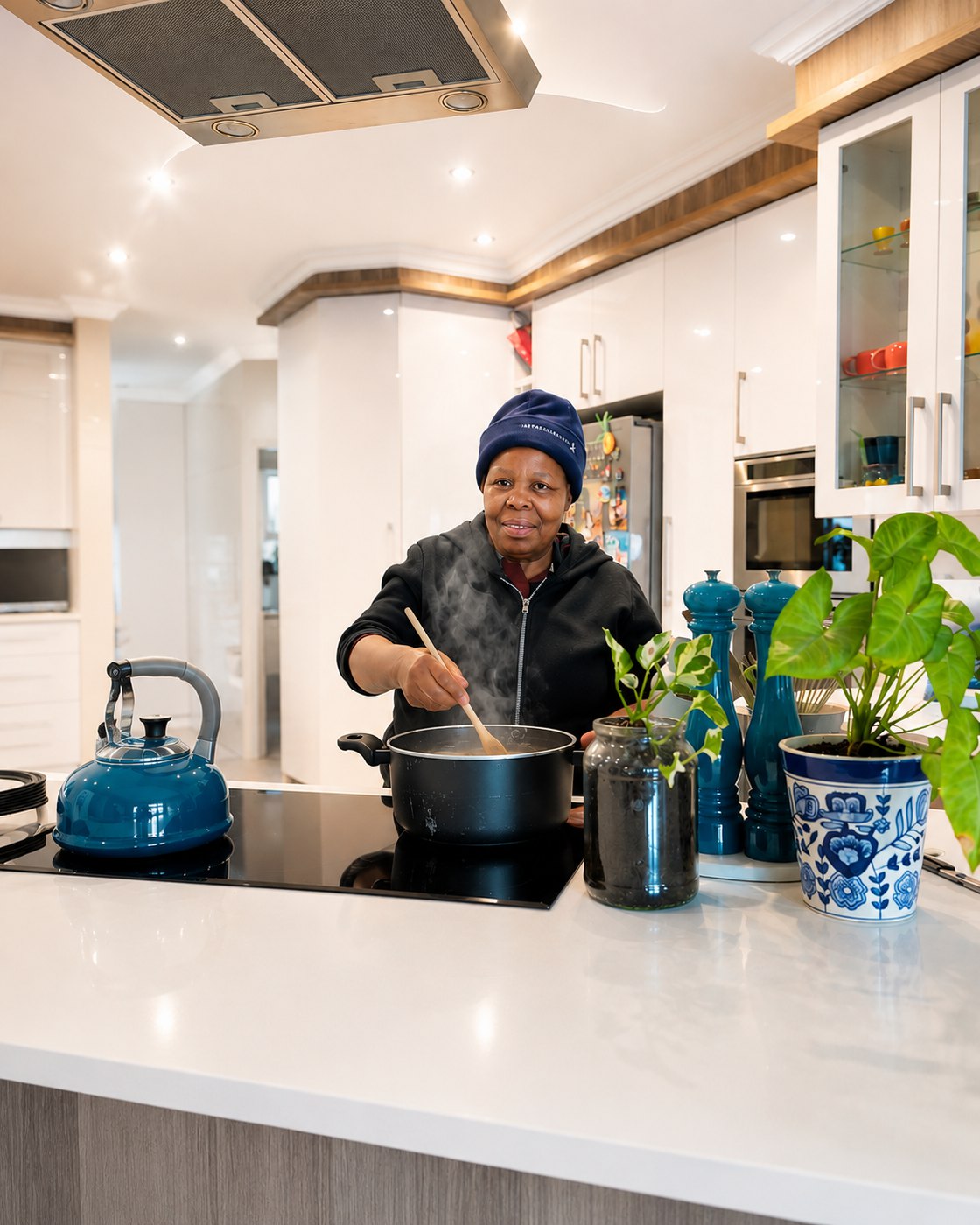 Ouma Bettie roer 'n pot kos op die stoof in Greenhill se kombuis